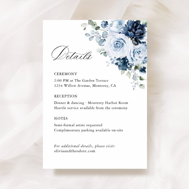 Tarjeta De Recepción Dusty Blue Navy Floral Wedding Details, Ceremony (Dusty blue navy watercolor floral wedding details enclosure card, ceremony reception insert flatlay)