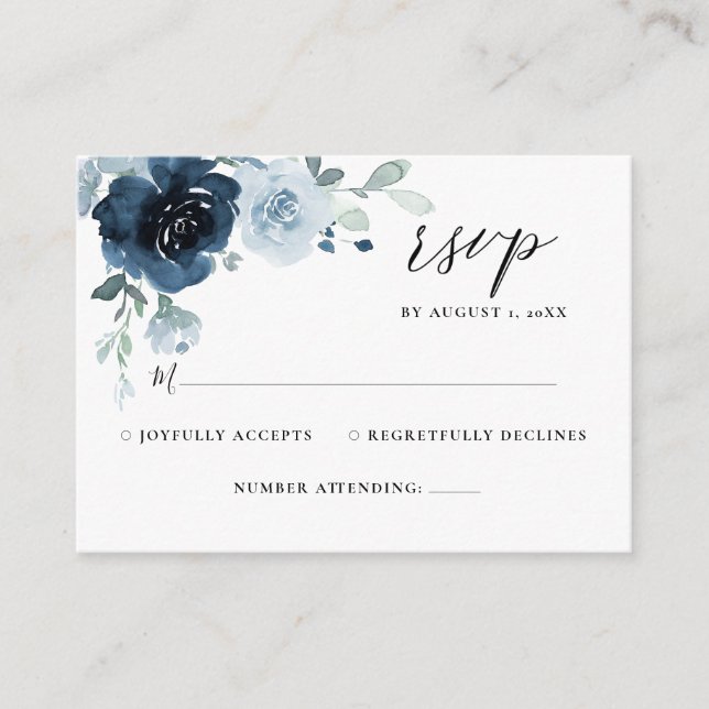 Tarjeta De Recepción Dusty Blue Navy Pastel Boho Boda Floral RSVP (Anverso)