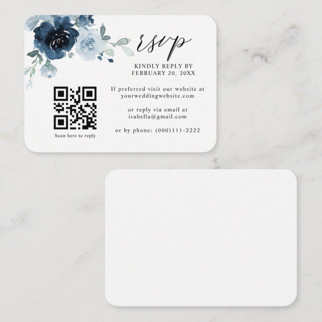 Tarjeta De Recepción Dusty Blue Navy Pastel Floral Código QR Boda RSVP (Anverso / Reverso)