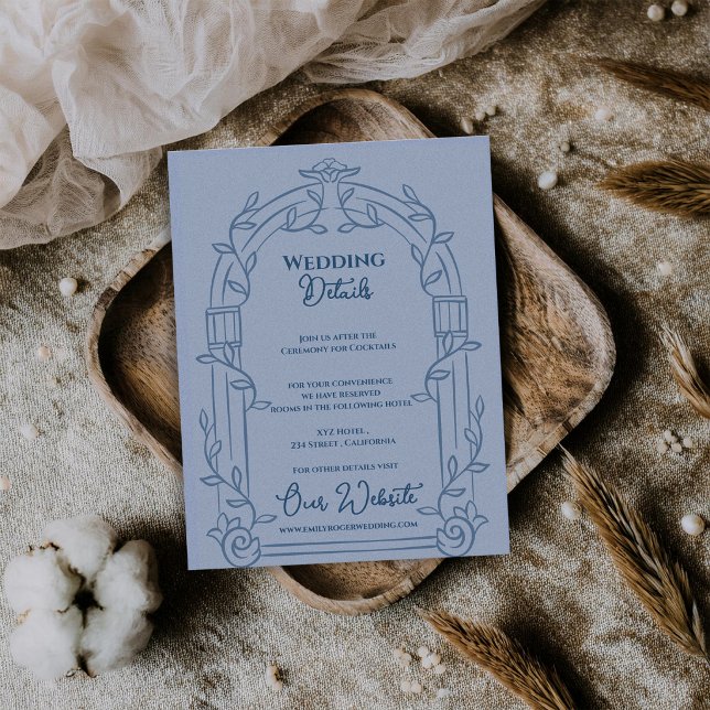 Tarjeta De Recepción Dusty Blue Ornate Arch Botanical Wedding Details (Dusty Blue Ornate Arch Botanical Wedding Details Card | Elegant Wedding Information Enclosure)