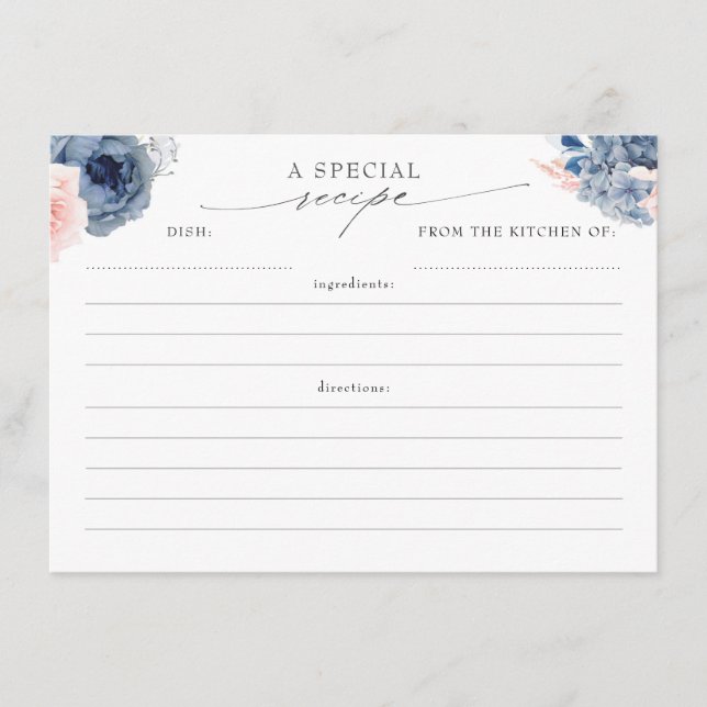 Tarjeta De Recepción Dusty Blue Pink and Navy Elegant Recipe Cards (Anverso)
