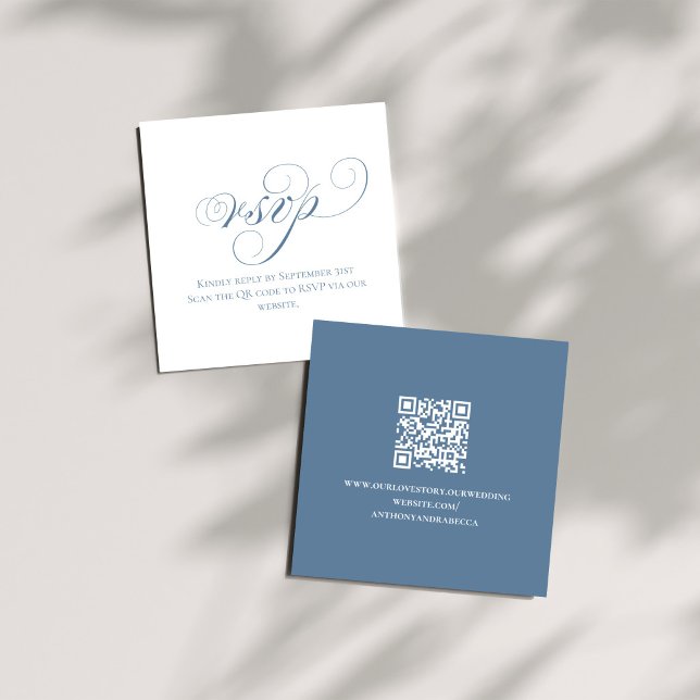Tarjeta De Recepción Dusty Blue QR Wedding RSVP Enclosure Card (Dusty blue QR code wedding RSVP card back with website link on neutral fabric)
