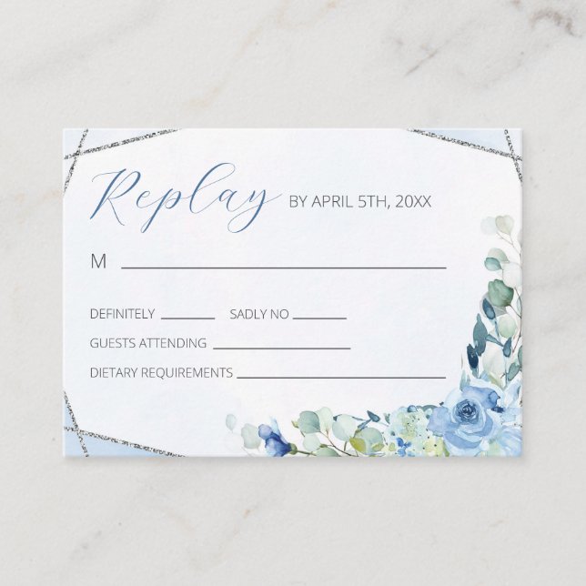 Tarjeta De Recepción Dusty Blue Rosas RSVP (Anverso)
