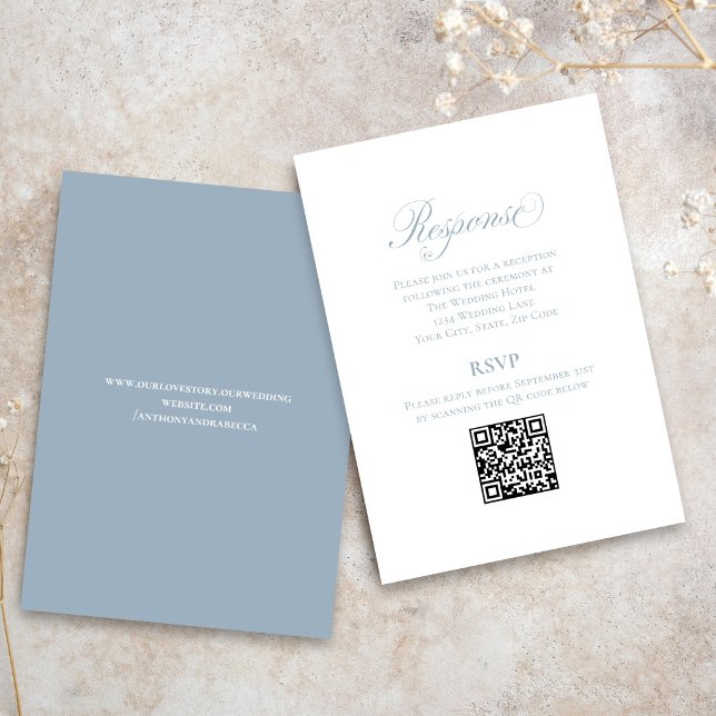 Tarjeta De Recepción Dusty Blue Script Wedding RSVP QR Code Enclosure (Dusty blue QR code RSVP card with elegant calligraphy wedding design)