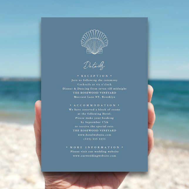 Tarjeta De Recepción Dusty Blue Seashell Beach Destination Wedding (Subido por el creador)
