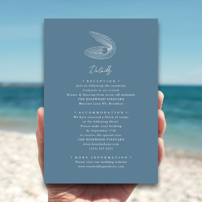 Tarjeta De Recepción Dusty Blue Seashell Beach Destination Wedding (Subido por el creador)