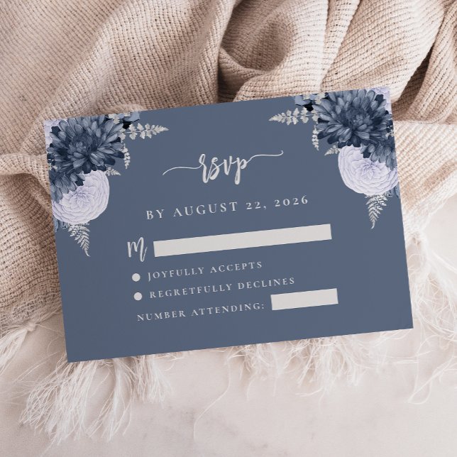 Tarjeta De Recepción Dusty Blue Silver Floral Script Wedding RSVP (Subido por el creador)