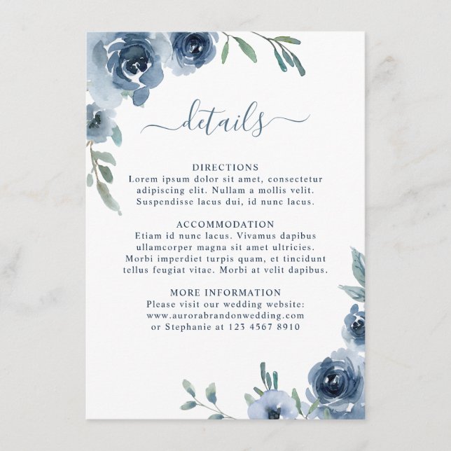 Tarjeta De Recepción Dusty Blue Slate Floral Boda de Moda Botánica (Anverso)