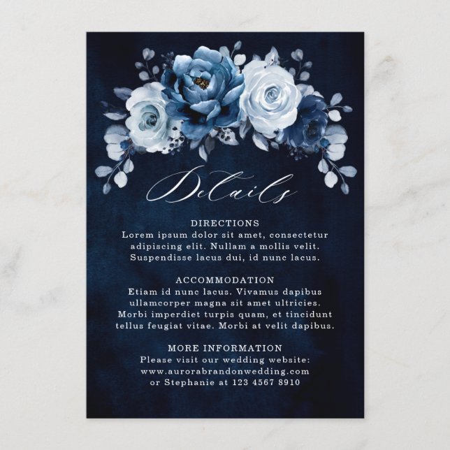 Tarjeta De Recepción Dusty Blue Slate Navy Boda Floral Detalles Enclo (Anverso)