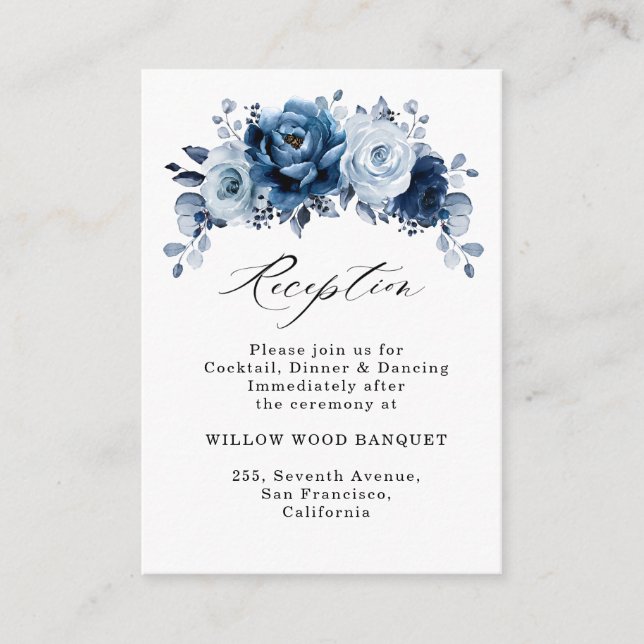 Tarjeta De Recepción Dusty Blue Slate Navy Floral Wedding Reception (Anverso)