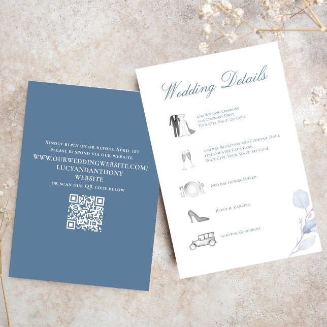 Tarjeta De Recepción Dusty Blue Wedding Details QR Code Insert (Dusty blue QR code wedding RSVP card for easy online guest responses)