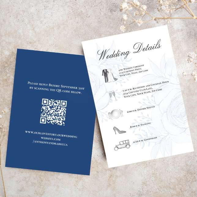 Tarjeta De Recepción Dusty Blue Wedding Details QR Code Insert (Elegant dusty blue floral wedding details card with script typography and timeline icons.)