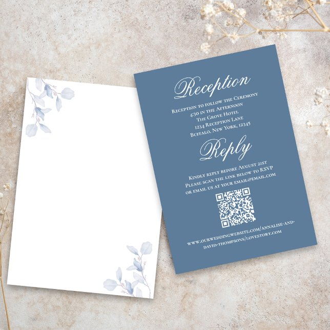 Tarjeta De Recepción Dusty Blue Wedding Script RSVP Reception  (Wedding reception and reply card with dusty blue floral design.)