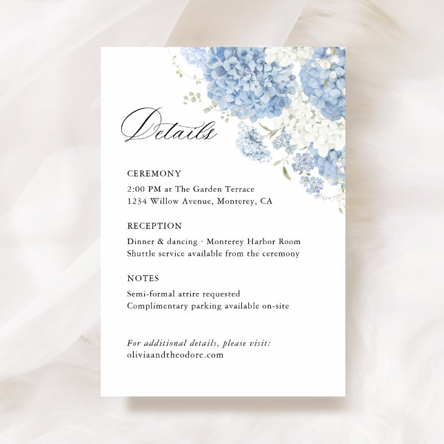 Tarjeta De Recepción Dusty Blue White Floral Wedding Details, Info (Dusty blue white floral wedding details card, ceremony info enclosure with watercolor hydrangea)