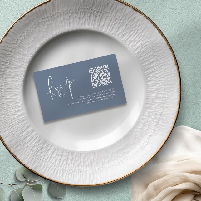 Tarjeta De Recepción Dusty Blue White Script QR Boda de código RSVP (Mini size enclosure)