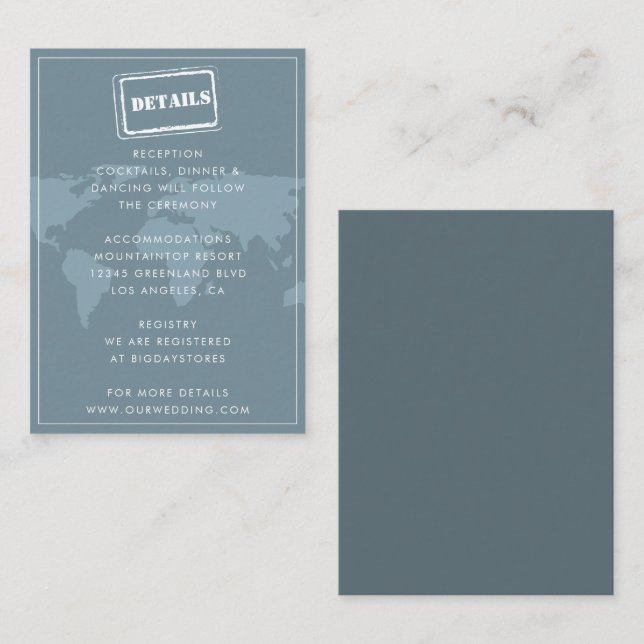 Tarjeta De Recepción Dusty Blue World Map Destination Wedding Details ( (Anverso / Reverso)