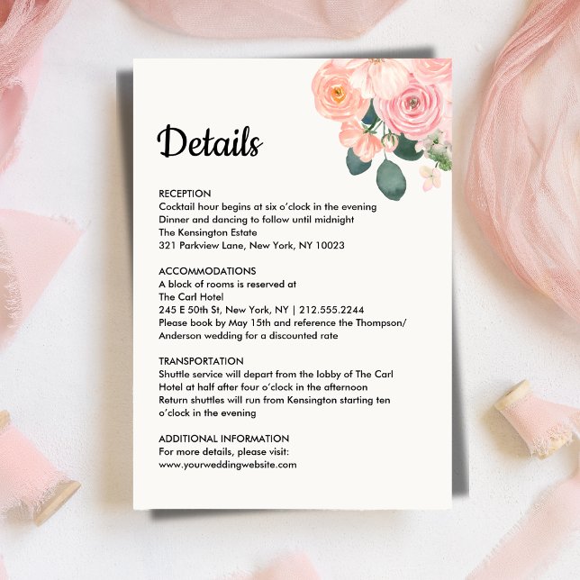 Tarjeta De Recepción Dusty Blush Pink Floral Wedding Details Card (Dusty Blush Pink Floral Wedding Details Card)