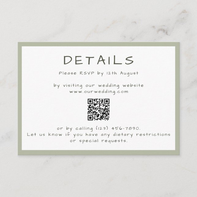 Tarjeta De Recepción Dusty Green Casual HandWriting QR Detalles (Anverso)