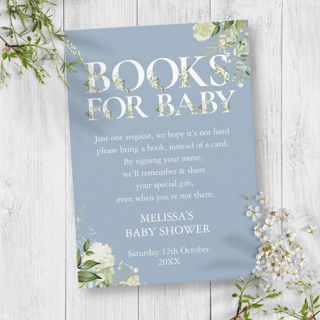 Tarjeta De Recepción Dusty Libros De Verdor Azul Para Baby Shower (Dusty Blue Greenery Books For Baby Shower Enclosure Card)