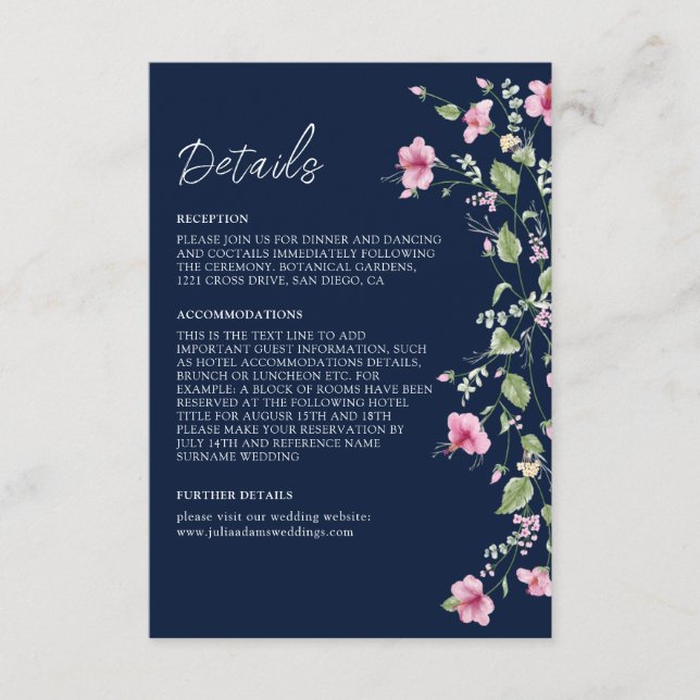Tarjeta De Recepción Dusty Navy Blue Pink Hibiscus Bloom Shower (Anverso)