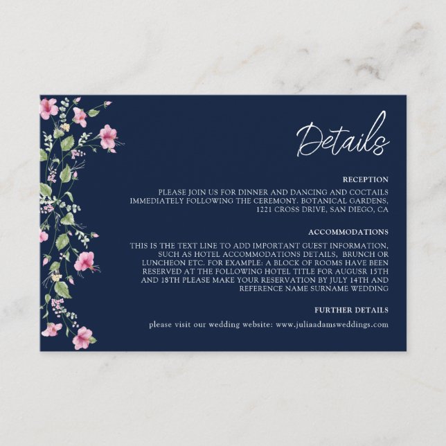 Tarjeta De Recepción Dusty Navy Blue Pink Hibiscus Bloom Shower (Anverso)