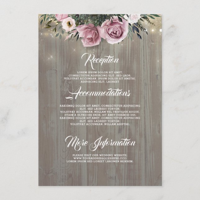 Tarjeta De Recepción Dusty Pink Rose Rustic Country Wedding Detalles (Anverso)