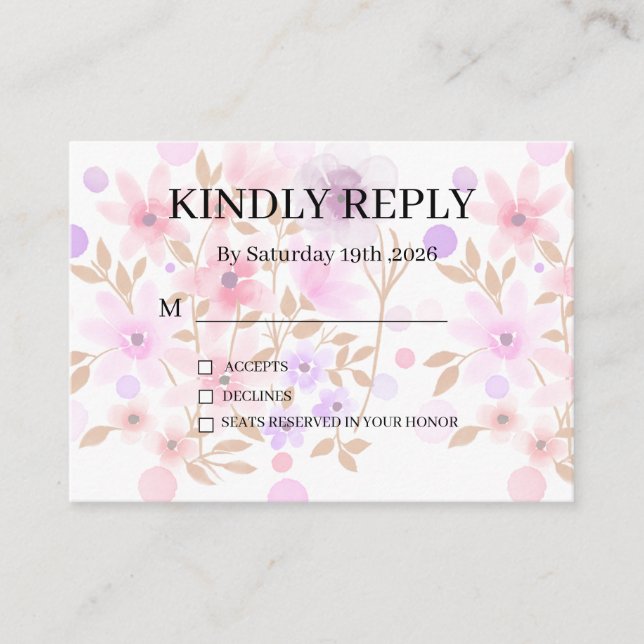 Tarjeta De Recepción Dusty Purple Silver Gray Floral Rustic RSVP Card (Anverso)