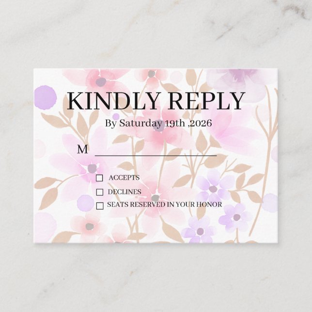 Tarjeta De Recepción Dusty Purple Silver Gray Floral Rustic RSVP Card (Anverso)