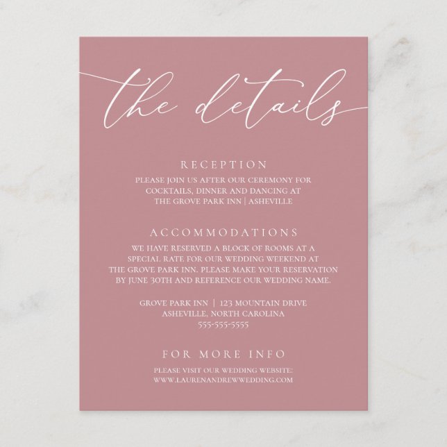 Tarjeta De Recepción Dusty Rosa Moderno Boda Minimalista Coche de gabin (Anverso)