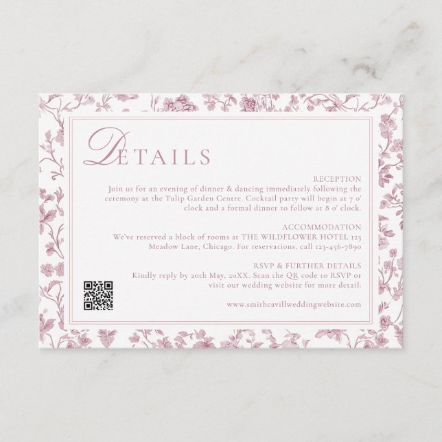 Tarjeta De Recepción Dusty Rose Chinoiserie Wedding Details (Anverso)