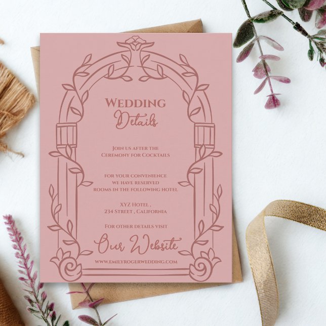 Tarjeta De Recepción Dusty Rose Ornate Arch Botanical Wedding Details (Dusty Rose Ornate Arch Botanical Wedding Details Card | Elegant Wedding Information Enclosure)