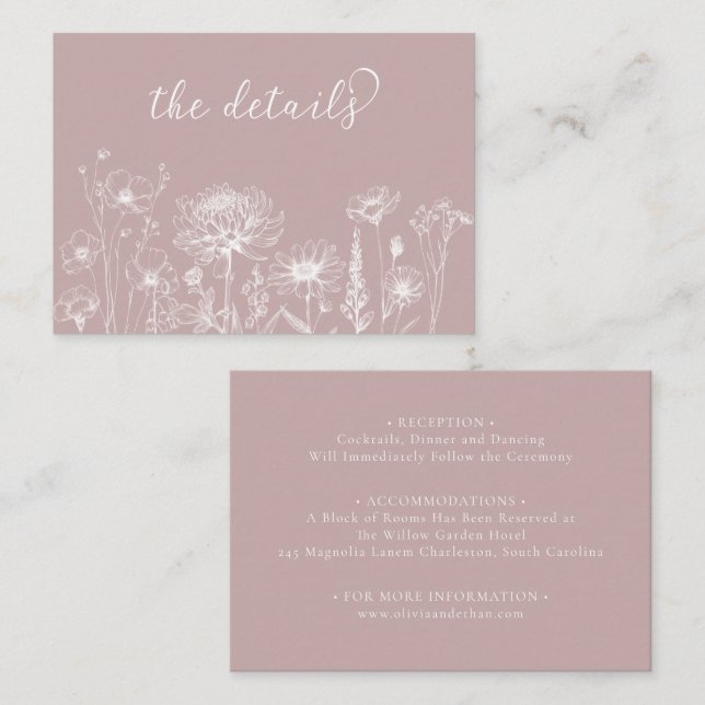 Tarjeta De Recepción Dusty Rose Wildflower Details Card Wedding Insert (Anverso / Reverso)