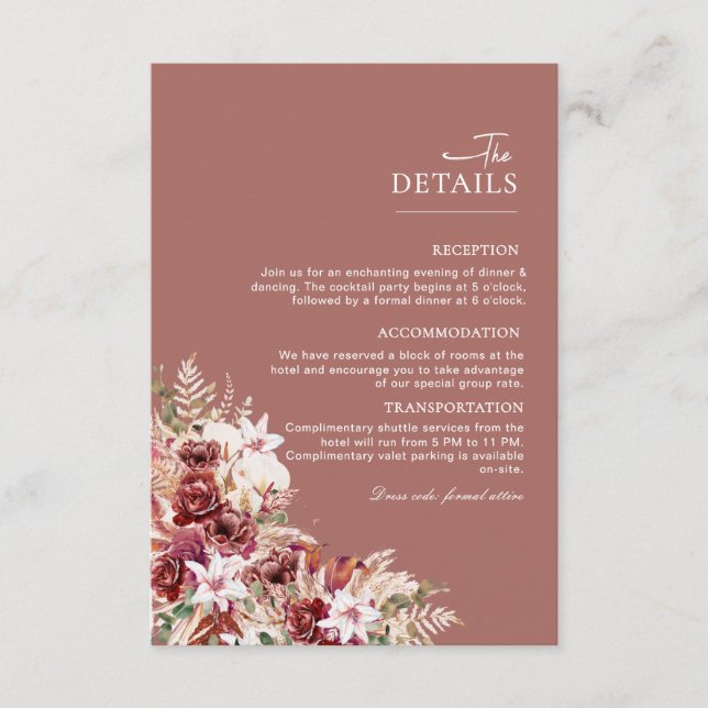 Tarjeta De Recepción Dusty Rosewood & Blush Floral Wedding Details Card (Anverso)