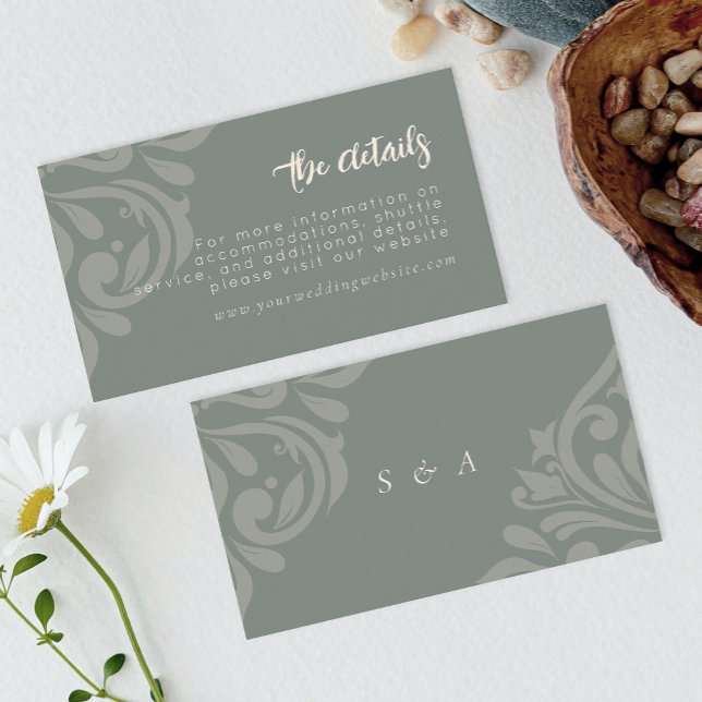 Tarjeta De Recepción Earthy Olive Elegant Classic Damask Wedding (Subido por el creador)