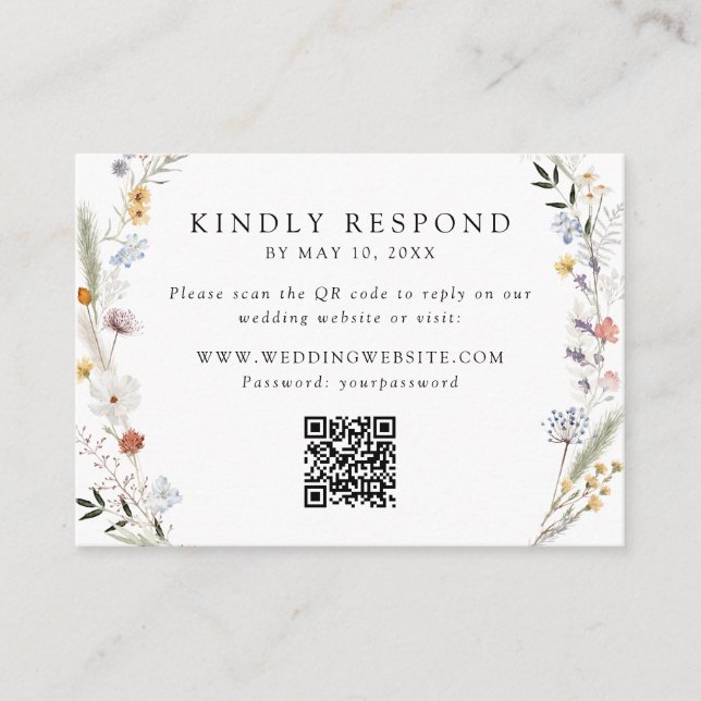 Tarjeta De Recepción Earthy Wildflower Boda QR Code RSVP (Anverso)