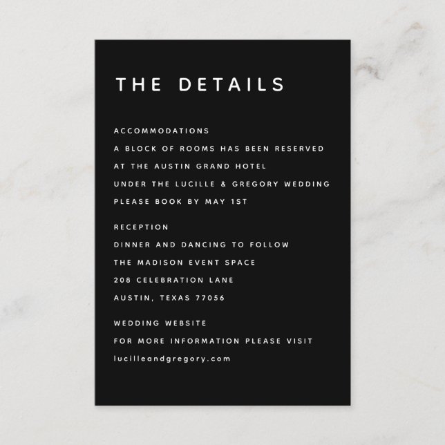 TARJETA DE RECEPCIÓN EDITORIAL NEGRO MODERNO EN MAYÚSCULAS (Anverso)