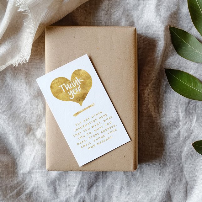 Tarjeta De Recepción Efecto de Relieve metalizado inserto de corazón do (Gold foil effect thank you insert card with love heart and social links for customer orders.)