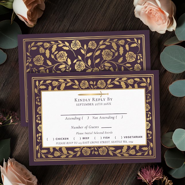 Tarjeta De Recepción Eggplant Medieval Sword Wedding RSVP (Subido por el creador)