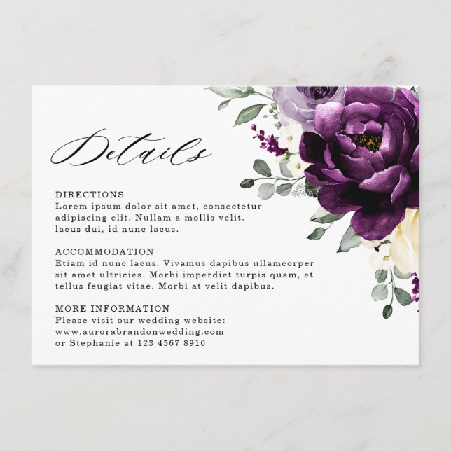 Tarjeta De Recepción Eggplant Purple Plum Marfil White Floral Boda (Anverso)