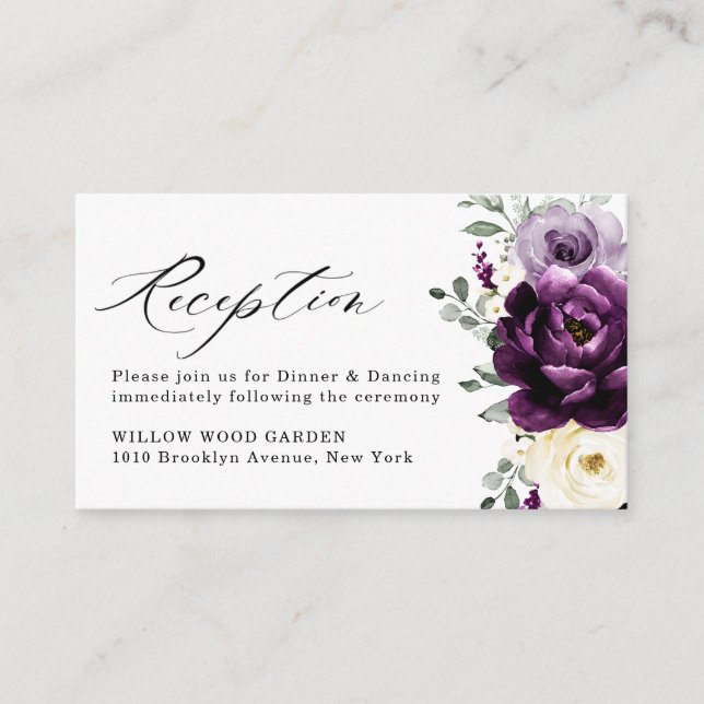Tarjeta De Recepción Eggplant Purple Plum Marfil White Floral Boda (Anverso)