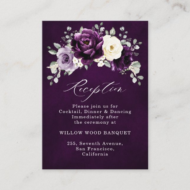Tarjeta De Recepción Eggplant Purple Plum Marfil White Floral Boda En (Anverso)