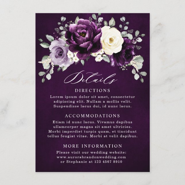 Tarjeta De Recepción Eggplant Purple Plum Marfil White Floral Boda En (Anverso)