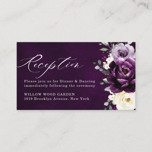 Tarjeta De Recepción Eggplant Purple Plum Marfil White Floral Boda En (Anverso)