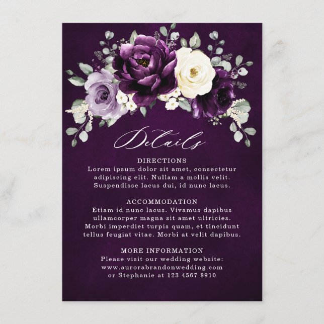 Tarjeta De Recepción Eggplant Purple Plum Marfil White Floral Boda En (Anverso)