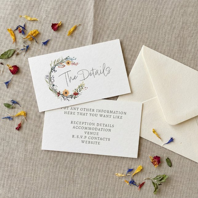 Tarjeta De Recepción El boda Wildflowers escribió los detalles (Wildflowers wedding wreath the details enclosure card.)