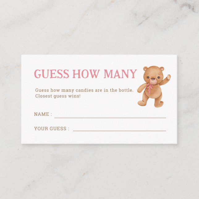 Tarjeta De Recepción El chica Teddy Bear Baby Shower Adivinó Cuántos (Anverso)