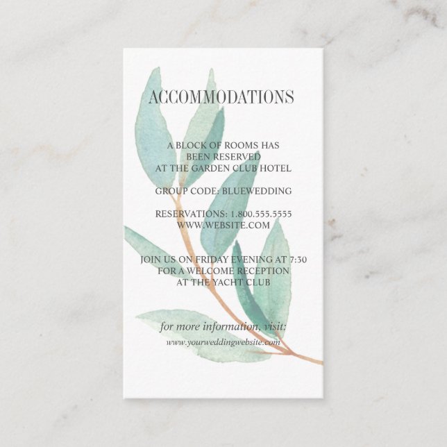 Tarjeta De Recepción El eucalipto fresco deja un ALOJAMIENTO boda (Anverso)