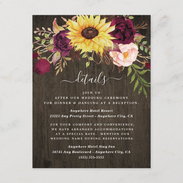 Tarjeta De Recepción El girasol rojo borgoña roza a Boda de madera rúst (Anverso)