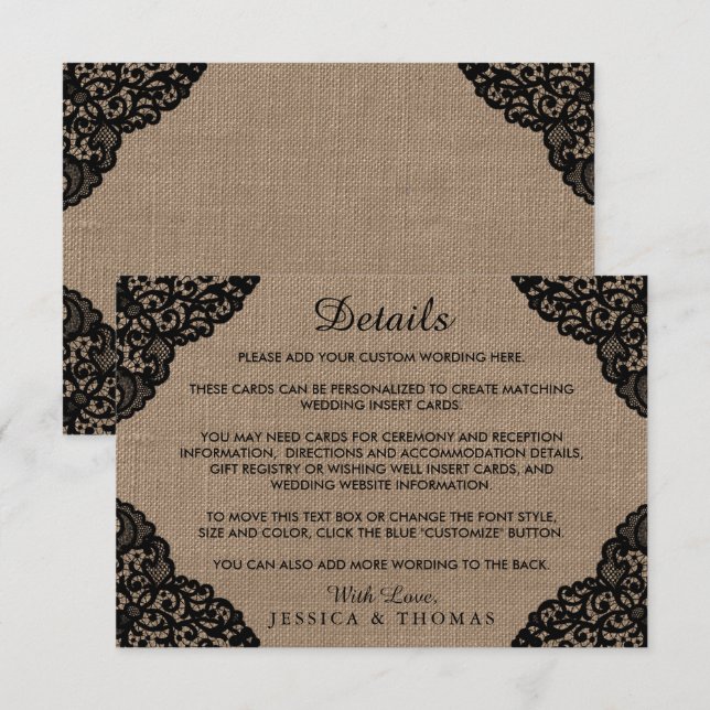 Tarjeta De Recepción El Lazo Negro Sobre La Rústica Colección De Bodas  (Anverso / Reverso)