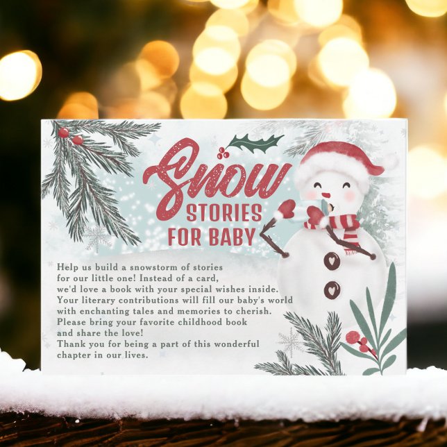 Tarjeta De Recepción El muñeco de nieve verde invierno trae un libro de (Winter green pine snowman bring a book baby shower enclosure card)
